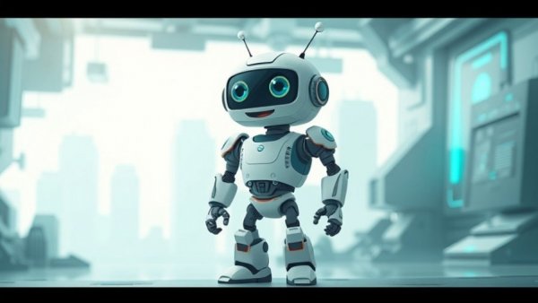 Cartoon robot in futuristic environment, soft teal tones.
