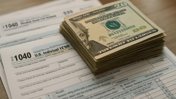 Tax forms with cash highlight tracking tax refund during government shutdowns.