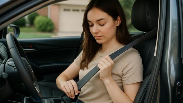 Teen driver fastening seatbelt in car, insurance for teen drivers in military families.