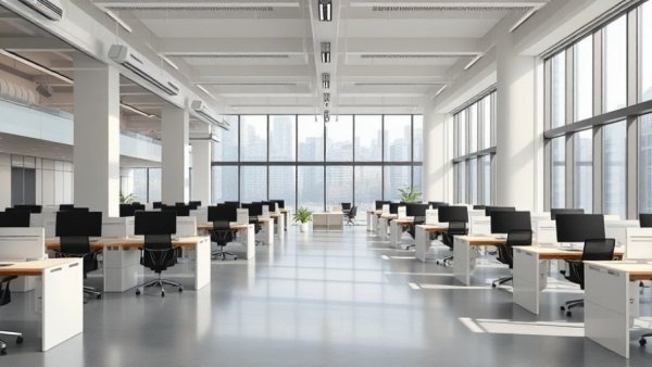 Modern open-plan office space with natural light for real estate.