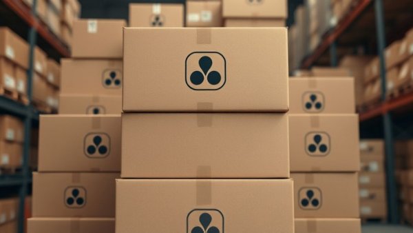 Brown cardboard box with logo in a warehouse, Keep Items Refund Policy.