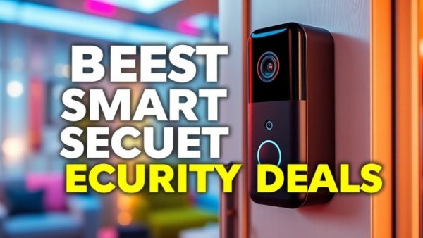 Smart home security deals poster with vibrant colors and devices.