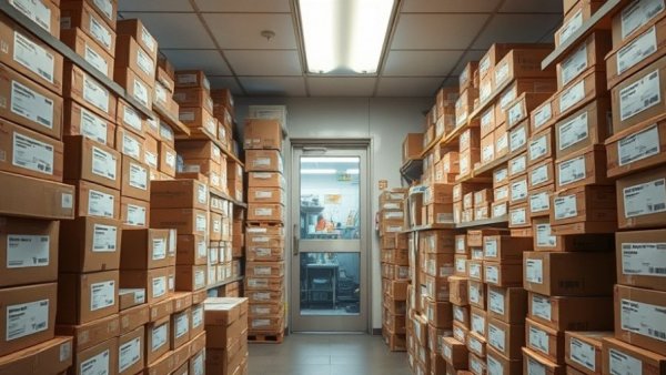 Shop interior with neatly stacked cardboard boxes, showcasing a well-organized storage area.