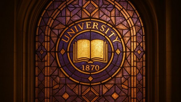 Intricate stained-glass window with university logo for MBA admissions coaching.