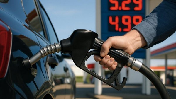 E15 gas price impact: Gas pump nozzle filling car with visible gas prices.