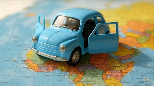 Toy car on world map symbolizing overseas car insurance for military.