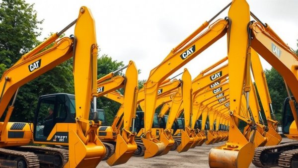 Bright yellow excavators lined up for construction equipment leasing.