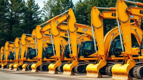 Row of construction excavators showcasing construction equipment leasing.