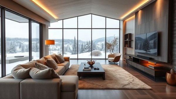 Modern living room with smart home features and floor-to-ceiling windows.