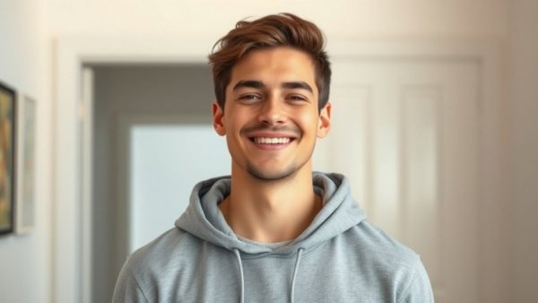 Smiling young man indoors in a hoodie, soft natural lighting