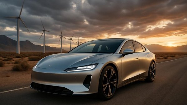 Modern electric car in a desert with wind turbines, safest electric cars 2026.