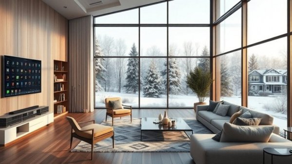 Modern living room showcasing smart home automation with snowy garden view.