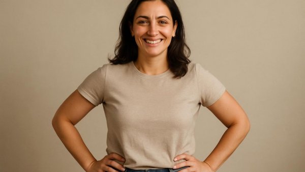 Confident woman entrepreneur smiling, showcasing success and positivity in a professional setting.