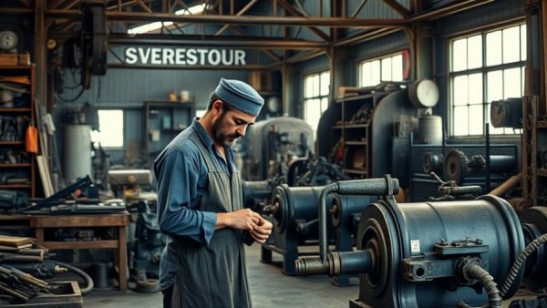 Industrial workshop scene with metalworker and equipment, revolving business credit setting.