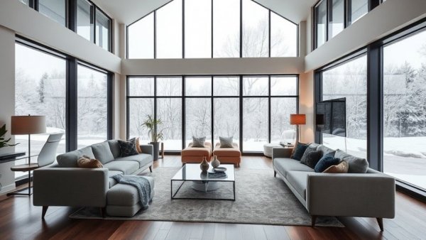 Modern living room with smart home features and a snowy view.