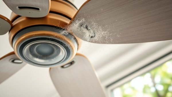 Dusty ceiling fan blade highlighting HVAC system allergies.