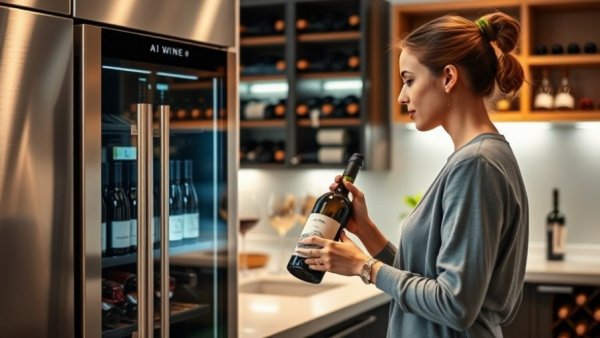 AI wine refrigerator in modern kitchen with woman selecting bottle.