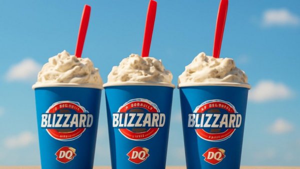 Dairy Queen Blizzard cups against a blue sky background.