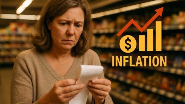 Impact of Iran conflict on personal finances: Woman with grocery receipt in inflation-hit store.