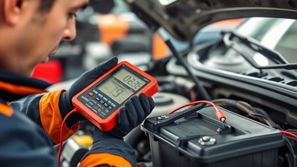 Mechanic testing and diagnosing draining car battery with multimeter.