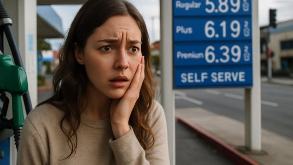 Young woman observing gas prices impact at a station.
