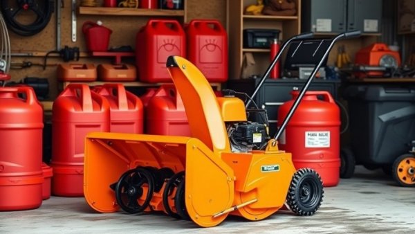 Snowblower storage tips with fuel containers in a garage setting
