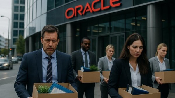 Oracle layoffs AI impact on workers shown as employees exit office