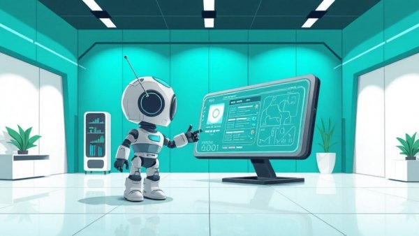 Abstract teal graphic with robot and interface, Aqara Multi-State Sensor P100