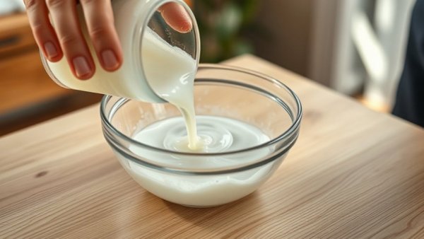 Hands making DIY car cleaning slime, pouring liquid into bowl.