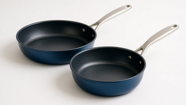 Granitestone sauté pans with blue finish and metallic handles.