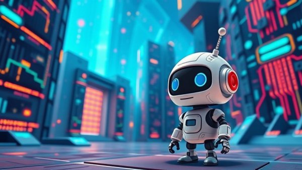 Cartoon robot in futuristic data center, Snapdragon Wear chip.