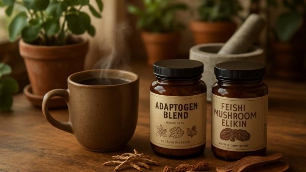 Herbal adaptogens and coffee on rustic table showcasing the effectiveness of adaptogens.