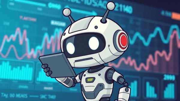 Cute cartoon robot analyzing charts, Wi-Fi 8 Home Technology