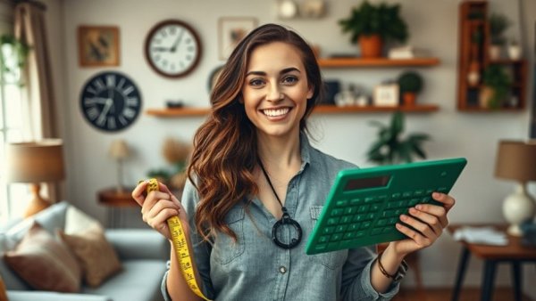 Smiling woman with home improvement tools, tape measure and calculator.