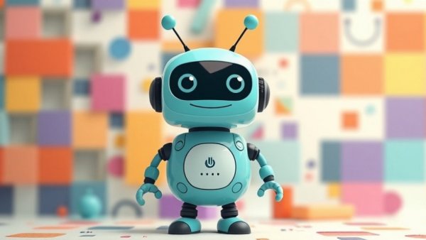 Cute turquoise robot smiling in abstract geometric background.