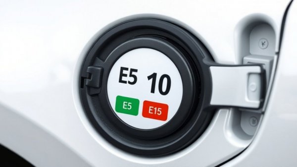 Close-up of E15 gasoline options on fuel door, highlighting E15 gasoline risks.