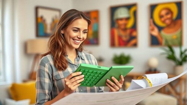 Smiling woman planning with calculator and tape for home improvement.