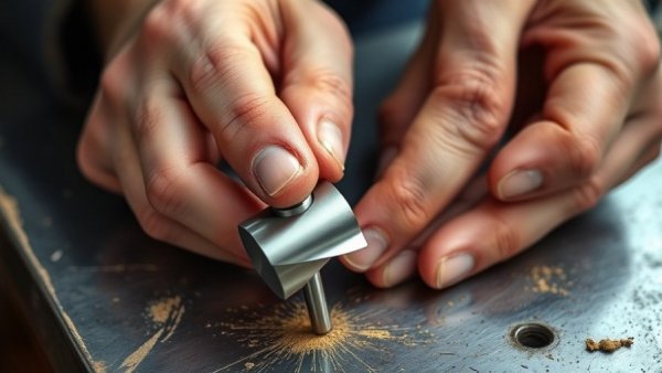 Hands cleaning a router bit on a metal surface.