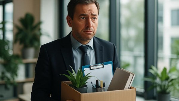 Businessman leaving office during Tech Layoff Crisis 2023.