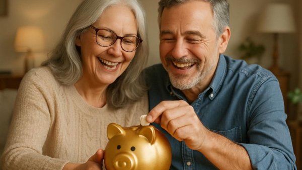 Joyful couple saving with a piggy bank, representing investment options for retirement growth.