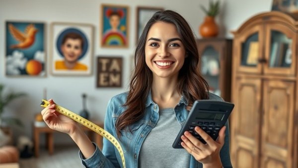 Smiling woman with tape measure and calculator, home improvement theme.