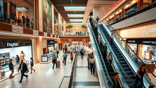 Bustling shopping mall interior showcasing luxury brands, vibrant atmosphere.