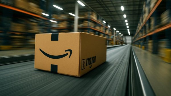 Amazon package on conveyor belt illustrating fuel surcharge impact.