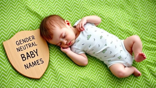 Gender Neutral Baby Names: Infant on green blanket with shield.