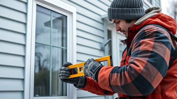 Installation of replacement window on a snowy day, two workers.