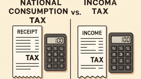 Illustration comparing national consumption and income tax methods.