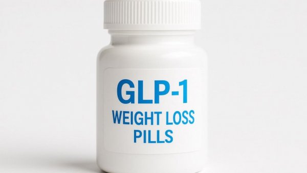 GLP-1 weight loss pills bottle with a blue and white label on a white background.