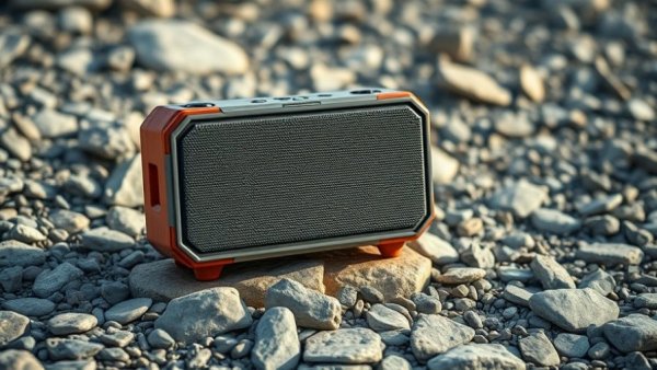 Rugged Bluetooth speaker on rocky ground, durable and robust design.