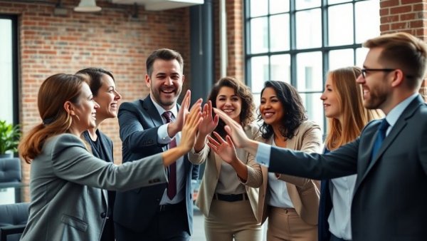 Business professionals celebrating with a high five in modern office.