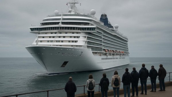 Massive cruise ship near dock in overcast weather, passengers observing.